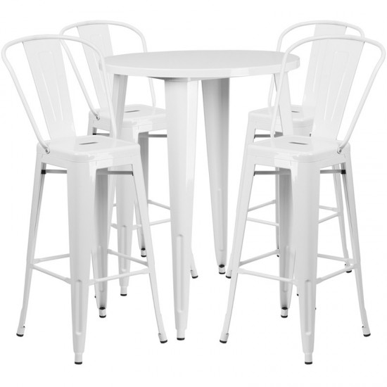 Commercial Grade 30" Round White Metal Indoor-Outdoor Bar Table Set with 4 Cafe Stools