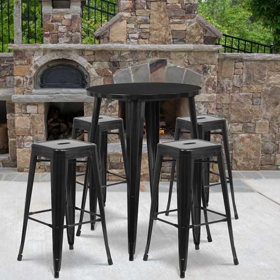 Commercial Grade 30" Round Black Metal Indoor-Outdoor Bar Table Set with 4 Square Seat Backless Stools