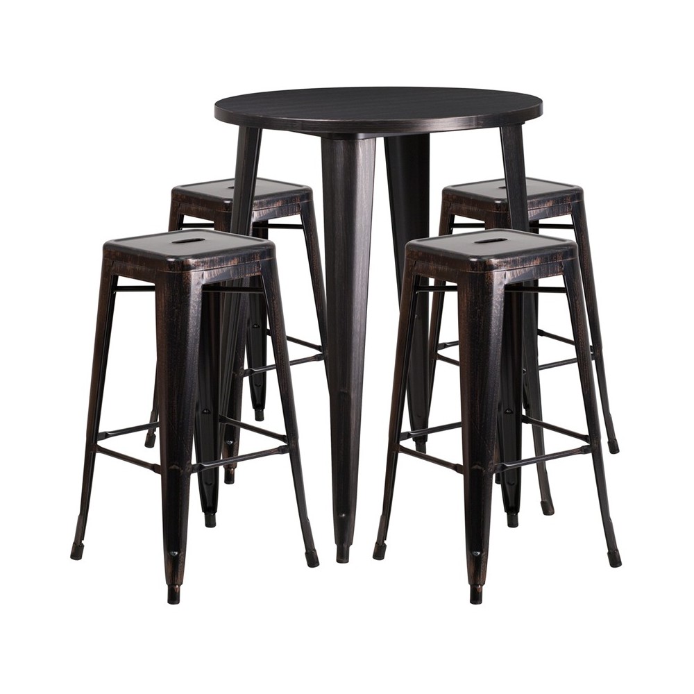 Commercial Grade 30" Round Black-Antique Gold Metal Indoor-Outdoor Bar Table Set with 4 Square Seat Backless Stools Commercial Grade 30" Round Black-Antique Gold Metal Indoor-Outdoor Bar Table Set with 4 Square Seat Backless Stools