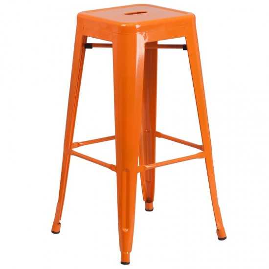 Commercial Grade 30" Round Orange Metal Indoor-Outdoor Bar Table Set with 4 Square Seat Backless Stools