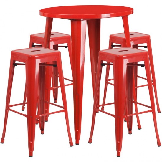 Commercial Grade 30" Round Red Metal Indoor-Outdoor Bar Table Set with 4 Square Seat Backless Stools