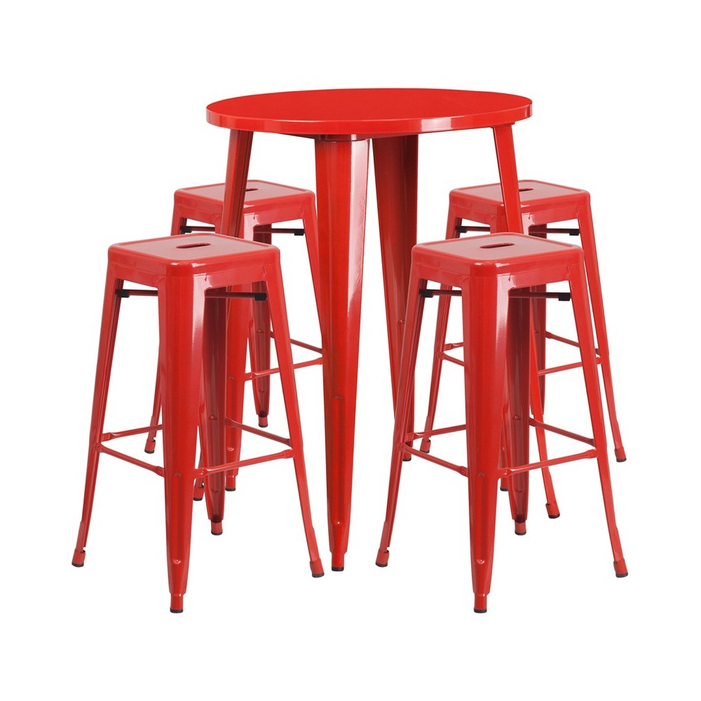 Commercial Grade 30" Round Red Metal Indoor-Outdoor Bar Table Set with 4 Square Seat Backless Stools Commercial Grade 30" Round Red Metal Indoor-Outdoor Bar Table Set with 4 Square Seat Backless Stools