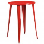 Commercial Grade 30" Round Red Metal Indoor-Outdoor Bar Table Set with 4 Square Seat Backless Stools