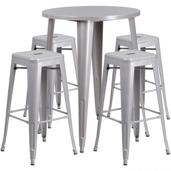 Commercial Grade 30" Round Silver Metal Indoor-Outdoor Bar Table Set with 4 Square Seat Backless Stools