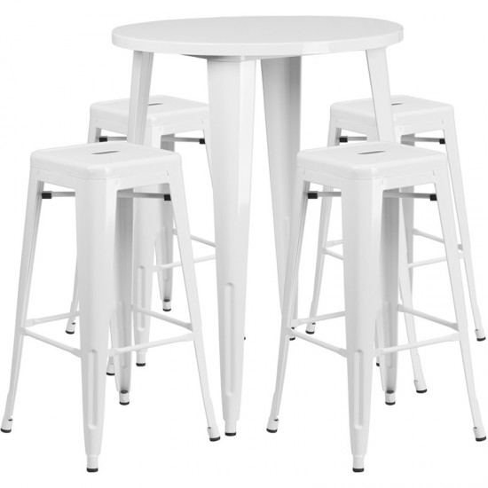 Commercial Grade 30" Round White Metal Indoor-Outdoor Bar Table Set with 4 Square Seat Backless Stools