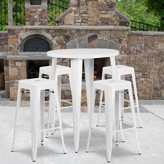 Commercial Grade 30" Round White Metal Indoor-Outdoor Bar Table Set with 4 Square Seat Backless Stools