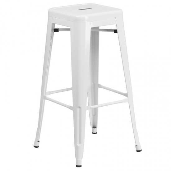 Commercial Grade 30" Round White Metal Indoor-Outdoor Bar Table Set with 4 Square Seat Backless Stools