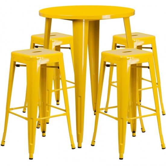 Commercial Grade 30" Round Yellow Metal Indoor-Outdoor Bar Table Set with 4 Square Seat Backless Stools