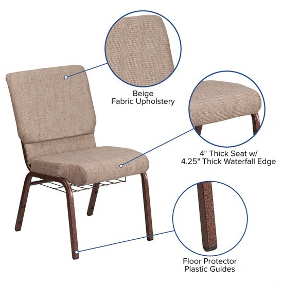 18.5''W Church Chair in Beige Fabric with Book Rack - Copper Vein Frame