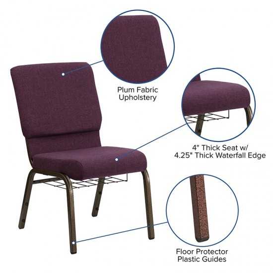 18.5''W Church Chair in Plum Fabric with Cup Book Rack - Gold Vein Frame
