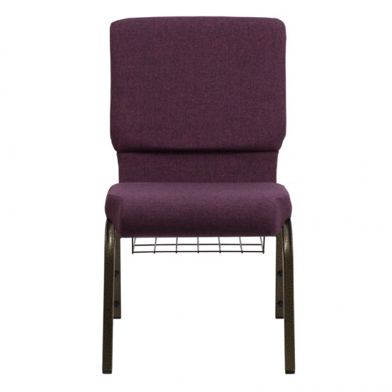 18.5''W Church Chair in Plum Fabric with Cup Book Rack - Gold Vein Frame