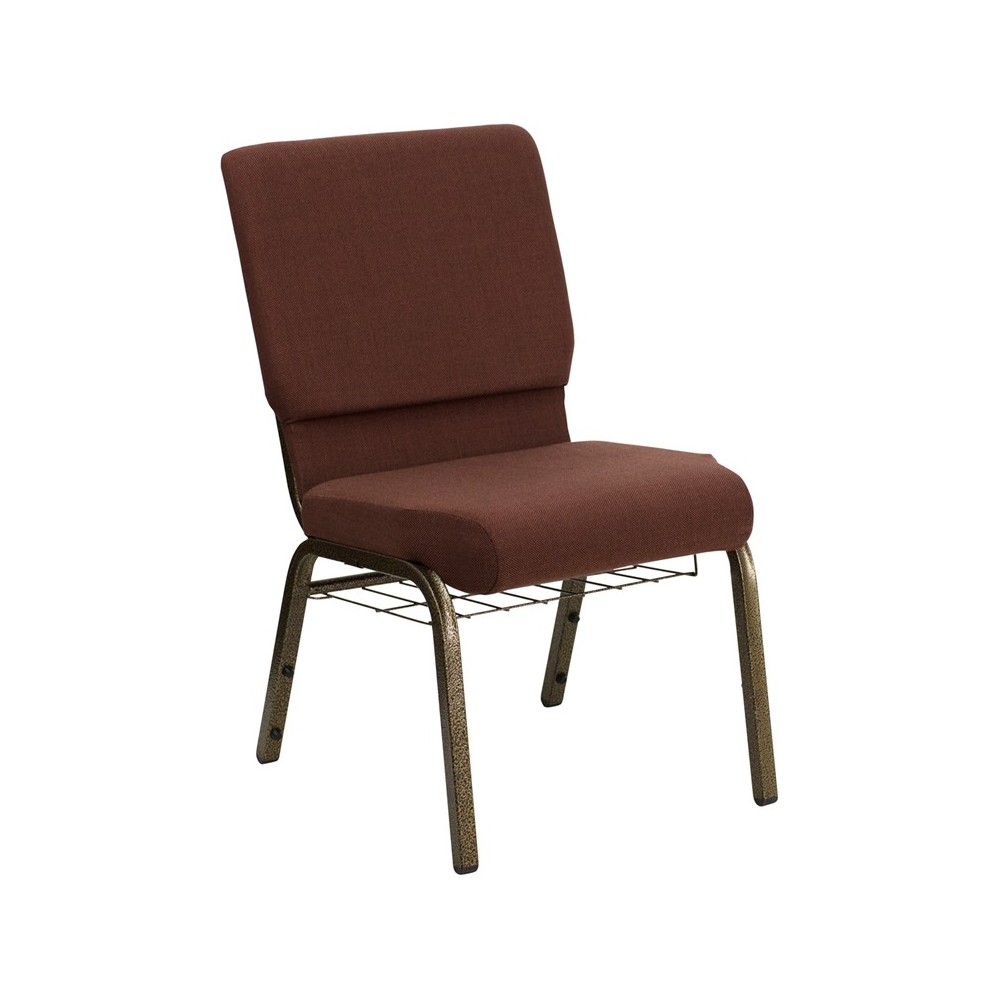 18.5''W Church Chair in Brown Fabric with Cup Book Rack - Gold Vein Frame