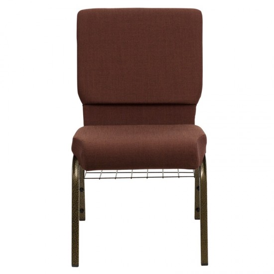 18.5''W Church Chair in Brown Fabric with Cup Book Rack - Gold Vein Frame