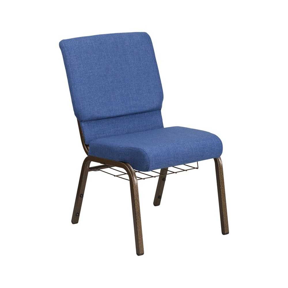 18.5''W Church Chair in Blue Fabric with Cup Book Rack - Gold Vein Frame