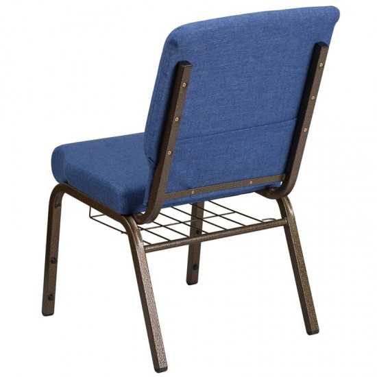 18.5''W Church Chair in Blue Fabric with Cup Book Rack - Gold Vein Frame