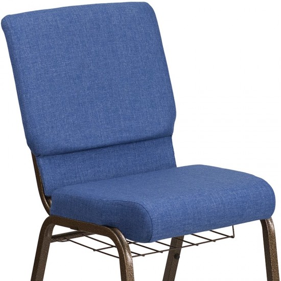 18.5''W Church Chair in Blue Fabric with Cup Book Rack - Gold Vein Frame