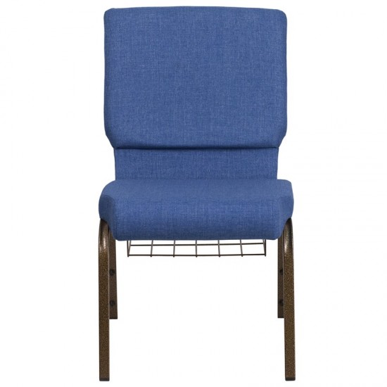 18.5''W Church Chair in Blue Fabric with Cup Book Rack - Gold Vein Frame