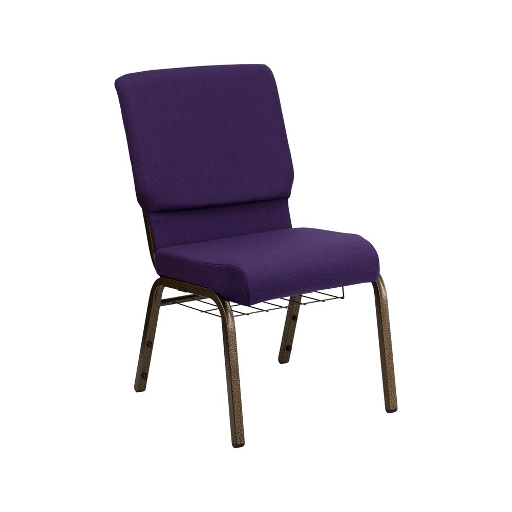 18.5''W Church Chair in Royal Purple Fabric with Cup Book Rack - Gold Vein Frame