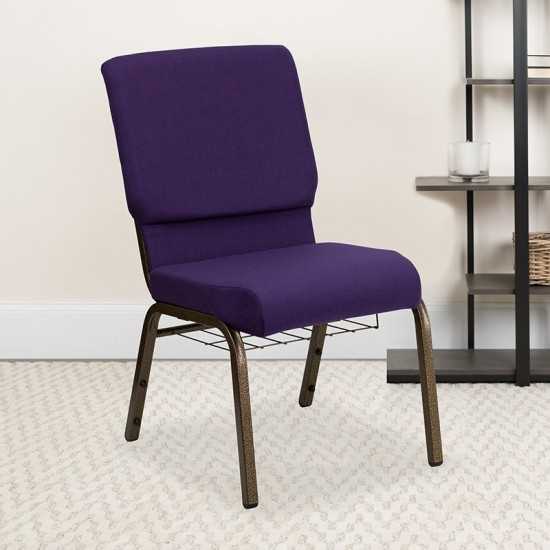 18.5''W Church Chair in Royal Purple Fabric with Cup Book Rack - Gold Vein Frame