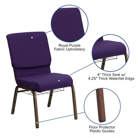 18.5''W Church Chair in Royal Purple Fabric with Cup Book Rack - Gold Vein Frame