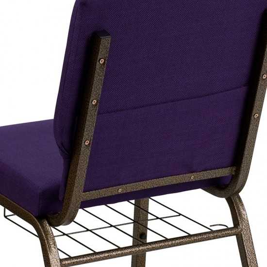 18.5''W Church Chair in Royal Purple Fabric with Cup Book Rack - Gold Vein Frame