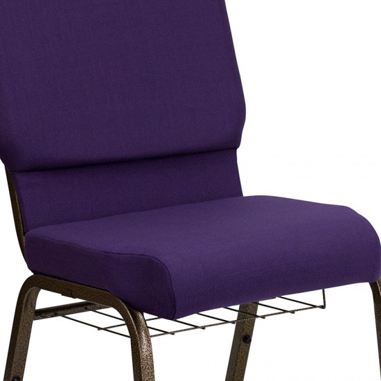 18.5''W Church Chair in Royal Purple Fabric with Cup Book Rack - Gold Vein Frame