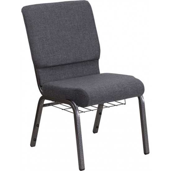 18.5''W Church Chair in Dark Gray Fabric with Book Rack - Silver Vein Frame