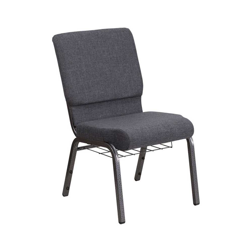 18.5''W Church Chair in Dark Gray Fabric with Book Rack - Silver Vein Frame