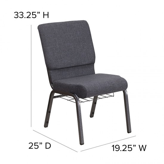 18.5''W Church Chair in Dark Gray Fabric with Book Rack - Silver Vein Frame