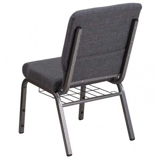 18.5''W Church Chair in Dark Gray Fabric with Book Rack - Silver Vein Frame