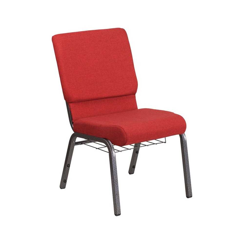 18.5''W Church Chair in Red Fabric with Cup Book Rack - Silver Vein Frame