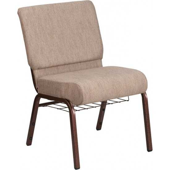 21''W Church Chair in Beige Fabric with Book Rack - Copper Vein Frame