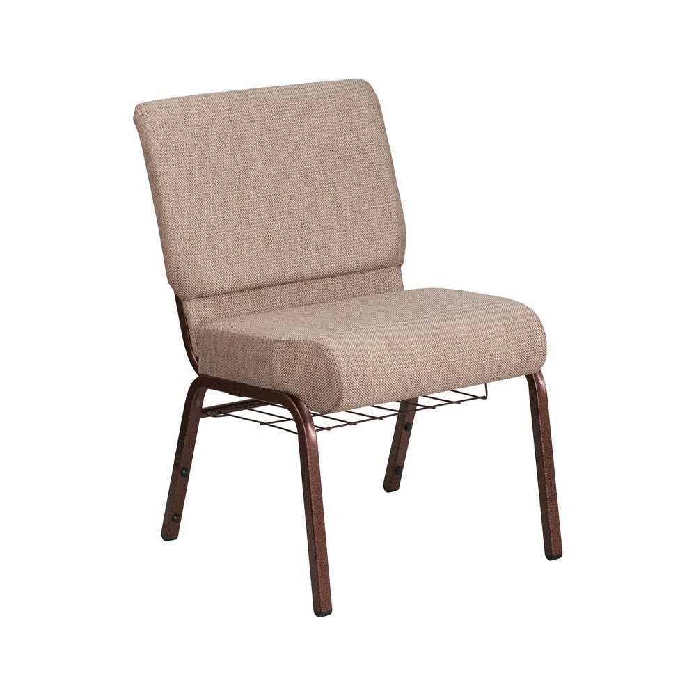 21''W Church Chair in Beige Fabric with Book Rack - Copper Vein Frame