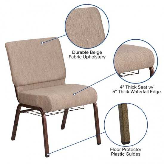 21''W Church Chair in Beige Fabric with Book Rack - Copper Vein Frame