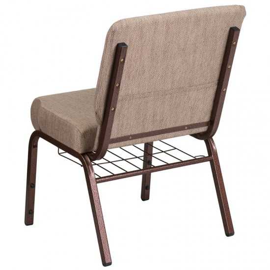 21''W Church Chair in Beige Fabric with Book Rack - Copper Vein Frame