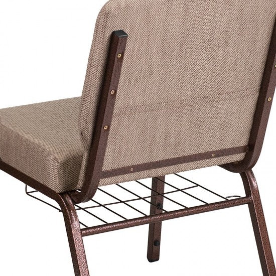 21''W Church Chair in Beige Fabric with Book Rack - Copper Vein Frame