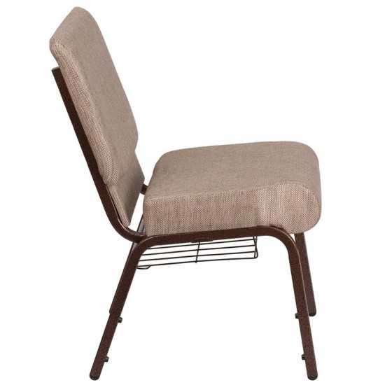 21''W Church Chair in Beige Fabric with Book Rack - Copper Vein Frame