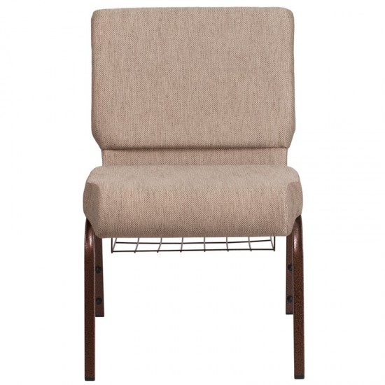 21''W Church Chair in Beige Fabric with Book Rack - Copper Vein Frame