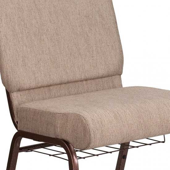 21''W Church Chair in Beige Fabric with Book Rack - Copper Vein Frame