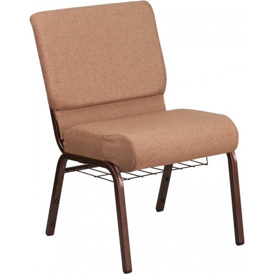 21''W Church Chair in Caramel Fabric with Cup Book Rack - Copper Vein Frame