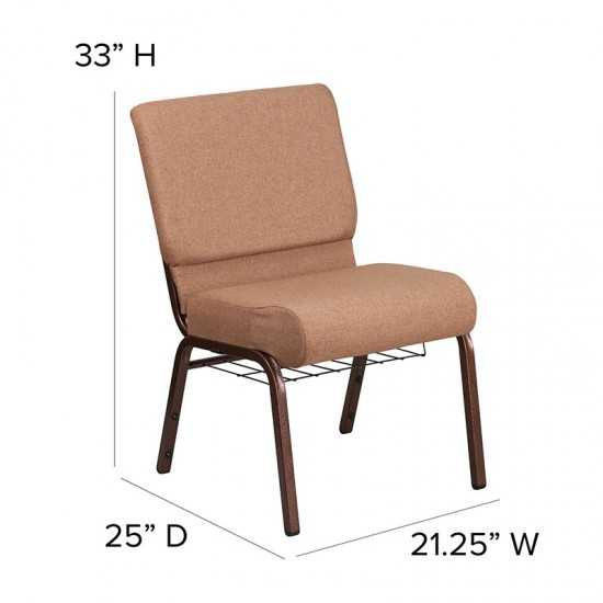 21''W Church Chair in Caramel Fabric with Cup Book Rack - Copper Vein Frame