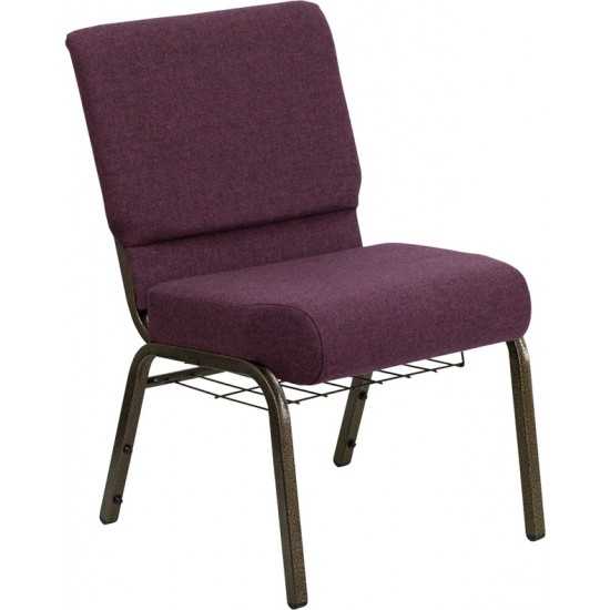 21''W Church Chair in Plum Fabric with Cup Book Rack - Gold Vein Frame