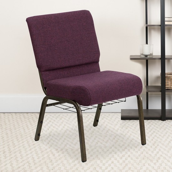 21''W Church Chair in Plum Fabric with Cup Book Rack - Gold Vein Frame