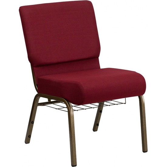 21''W Church Chair in Burgundy Fabric with Cup Book Rack - Gold Vein Frame