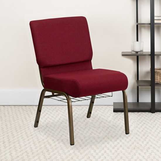 21''W Church Chair in Burgundy Fabric with Cup Book Rack - Gold Vein Frame