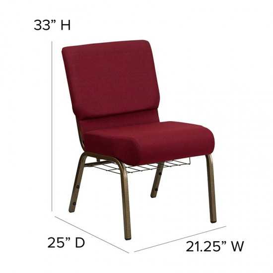 21''W Church Chair in Burgundy Fabric with Cup Book Rack - Gold Vein Frame