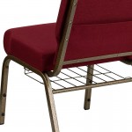 21''W Church Chair in Burgundy Fabric with Cup Book Rack - Gold Vein Frame