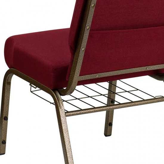 21''W Church Chair in Burgundy Fabric with Cup Book Rack - Gold Vein Frame