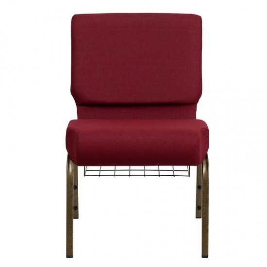 21''W Church Chair in Burgundy Fabric with Cup Book Rack - Gold Vein Frame