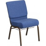 21''W Church Chair in Blue Fabric with Cup Book Rack - Gold Vein Frame